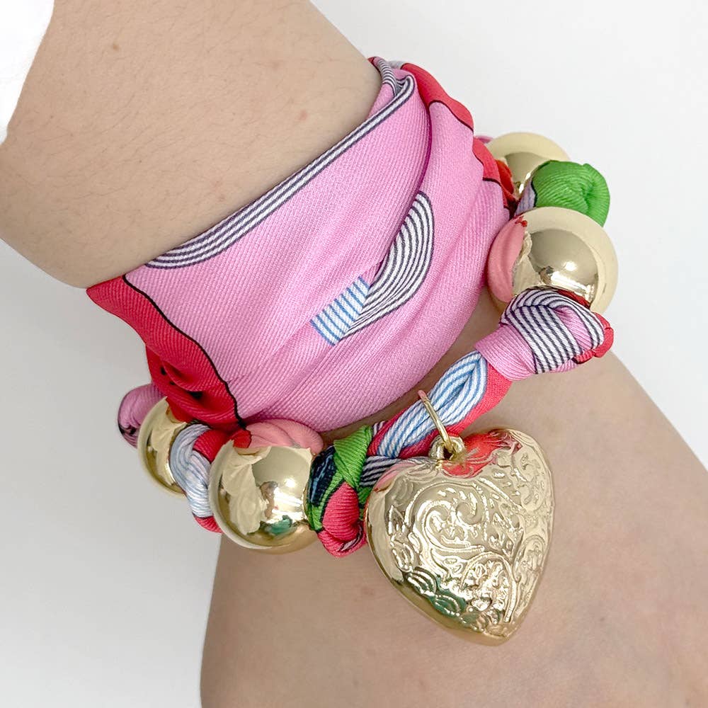 Sensibling Corp. - Gold Dipped Puffy Textured Heart Charm Accent Fabric Scarf Necklace / Adjustable Bracelet / Bag Charm