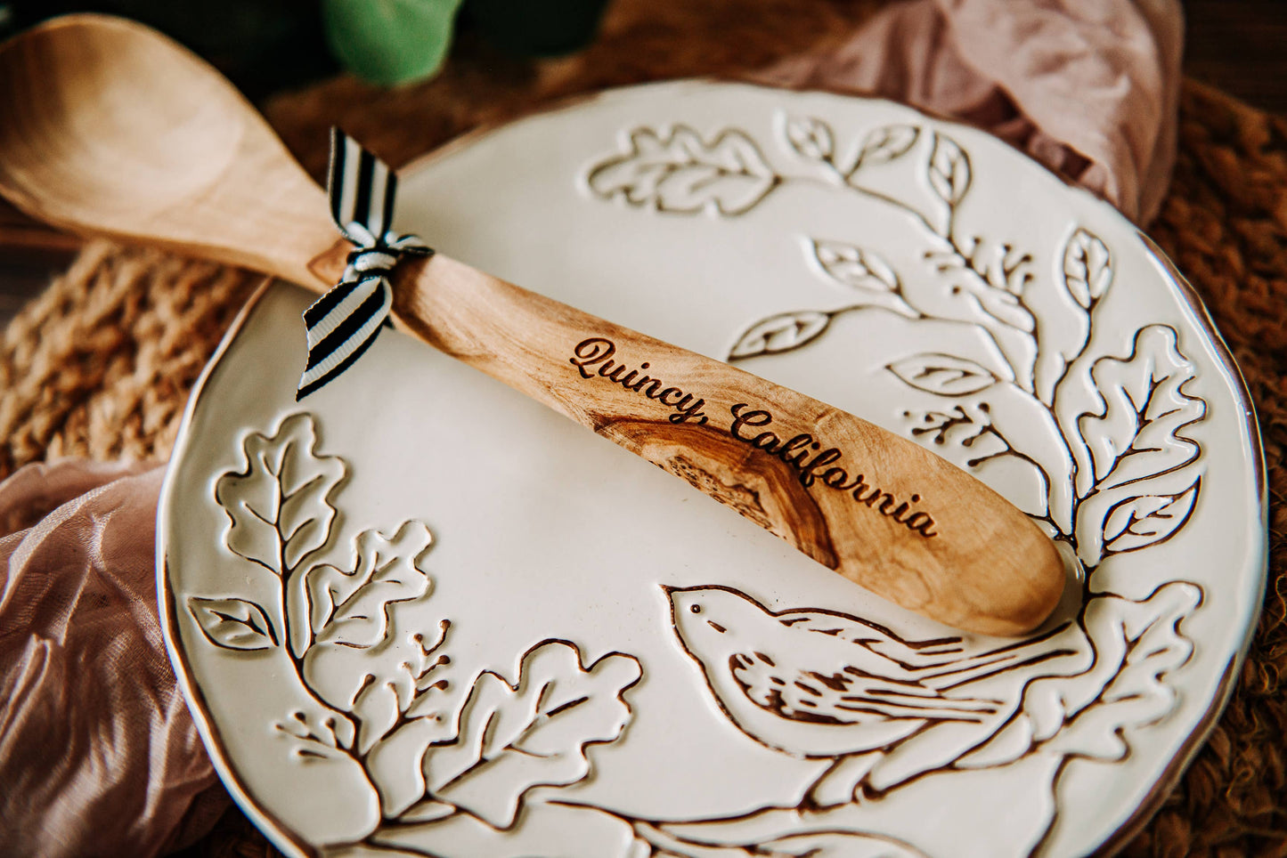 The Lillie Pad - Custom City Name Olive Wood Serving Spoon & Towel Gift Set