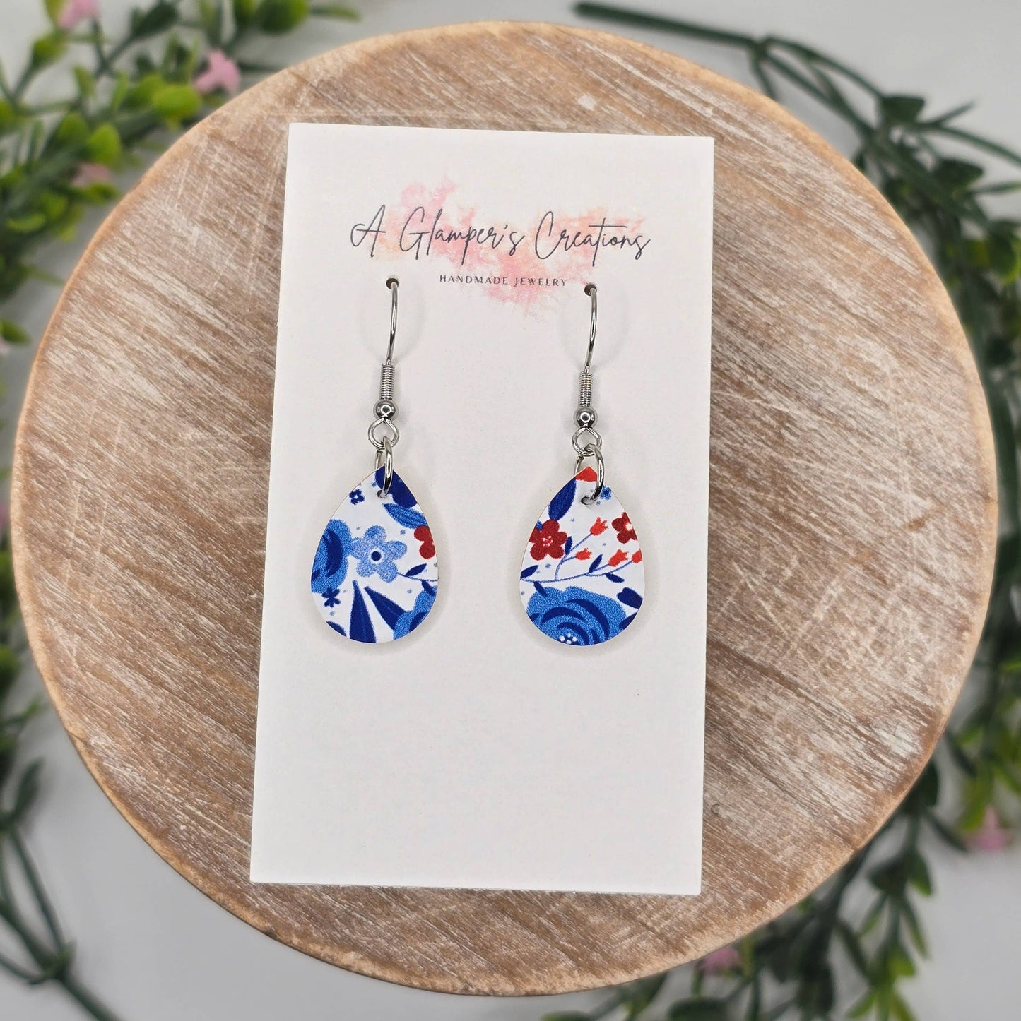 A Glamper's Creations LLC - Patriotic Floral MINI Teardrop Leather Earrings
