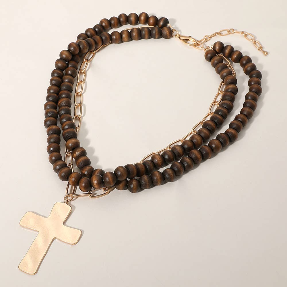 Sensibling Corp. - Hammered Metal Cross Pendant Wood Chain Layered Necklace