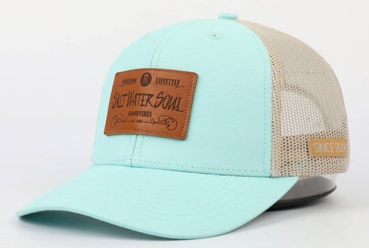 SALT WATER SOUL - Leather Patch Aqua Trucker Mesh Snapback Hat