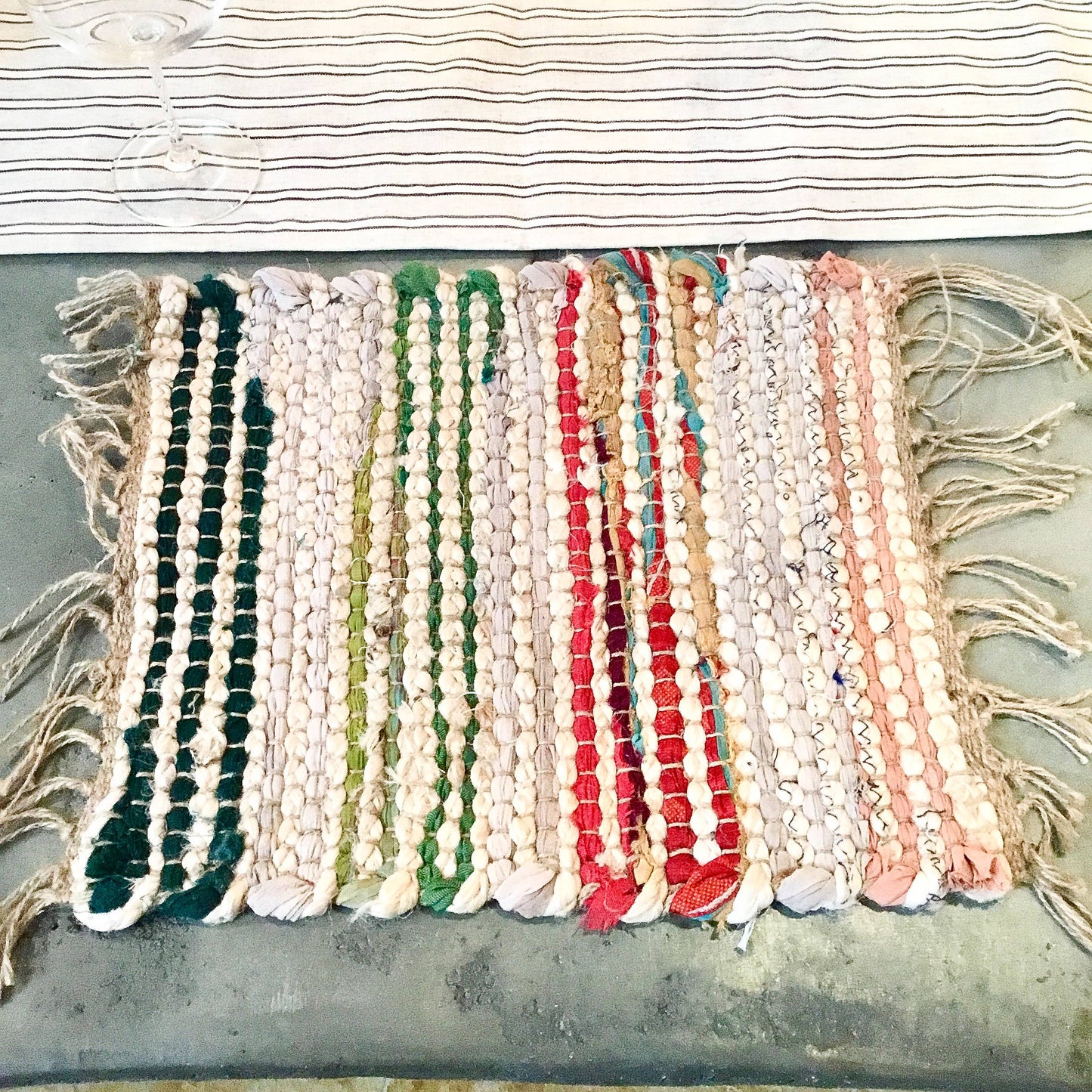 India Handicrafts Inc - Woven Natural & Multi-Colored Jute Square Placemat w/ Fringe