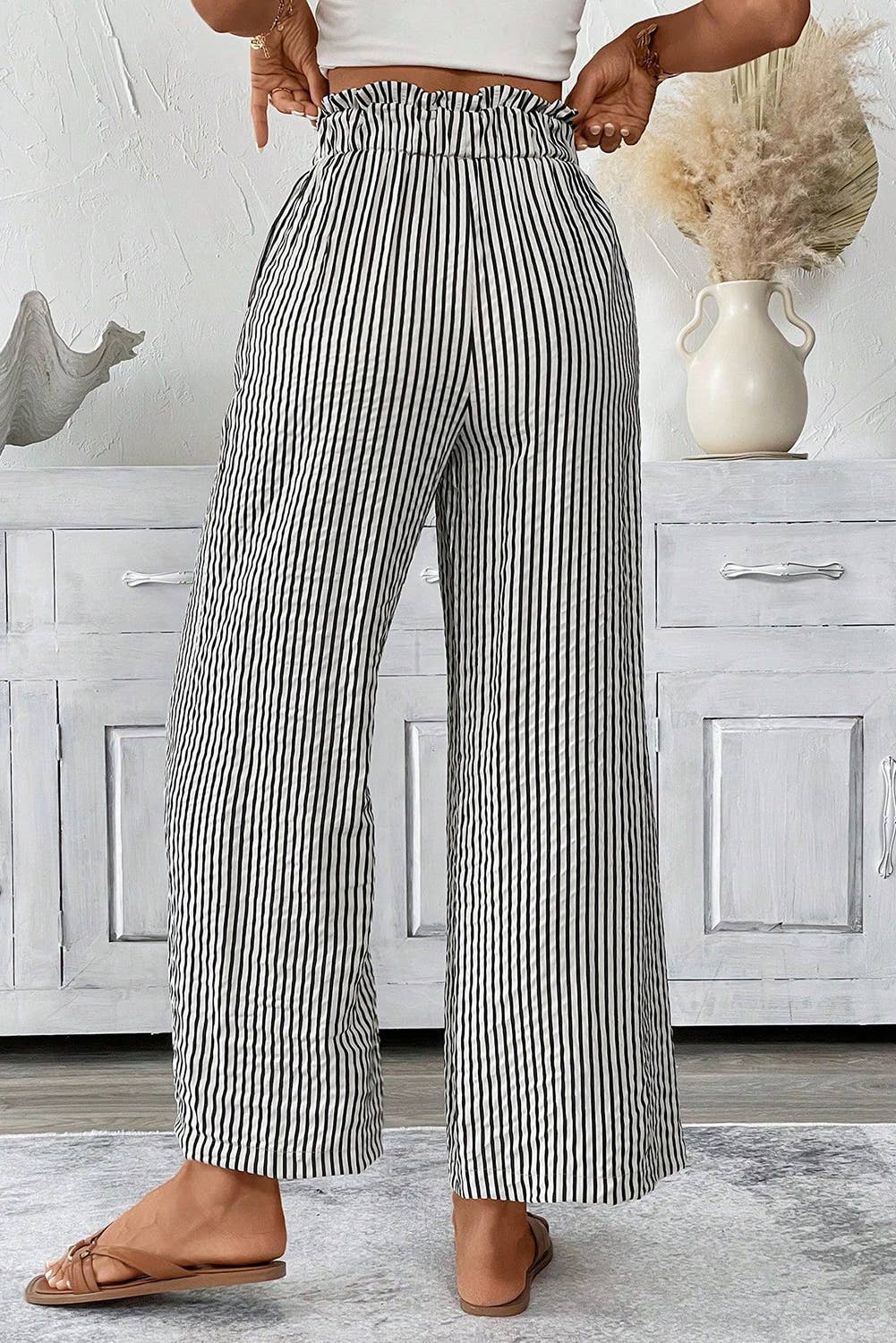 1 the Woman - Elastic Waist Pants Striped Wide Leg Trousers w/ Side Pocket
