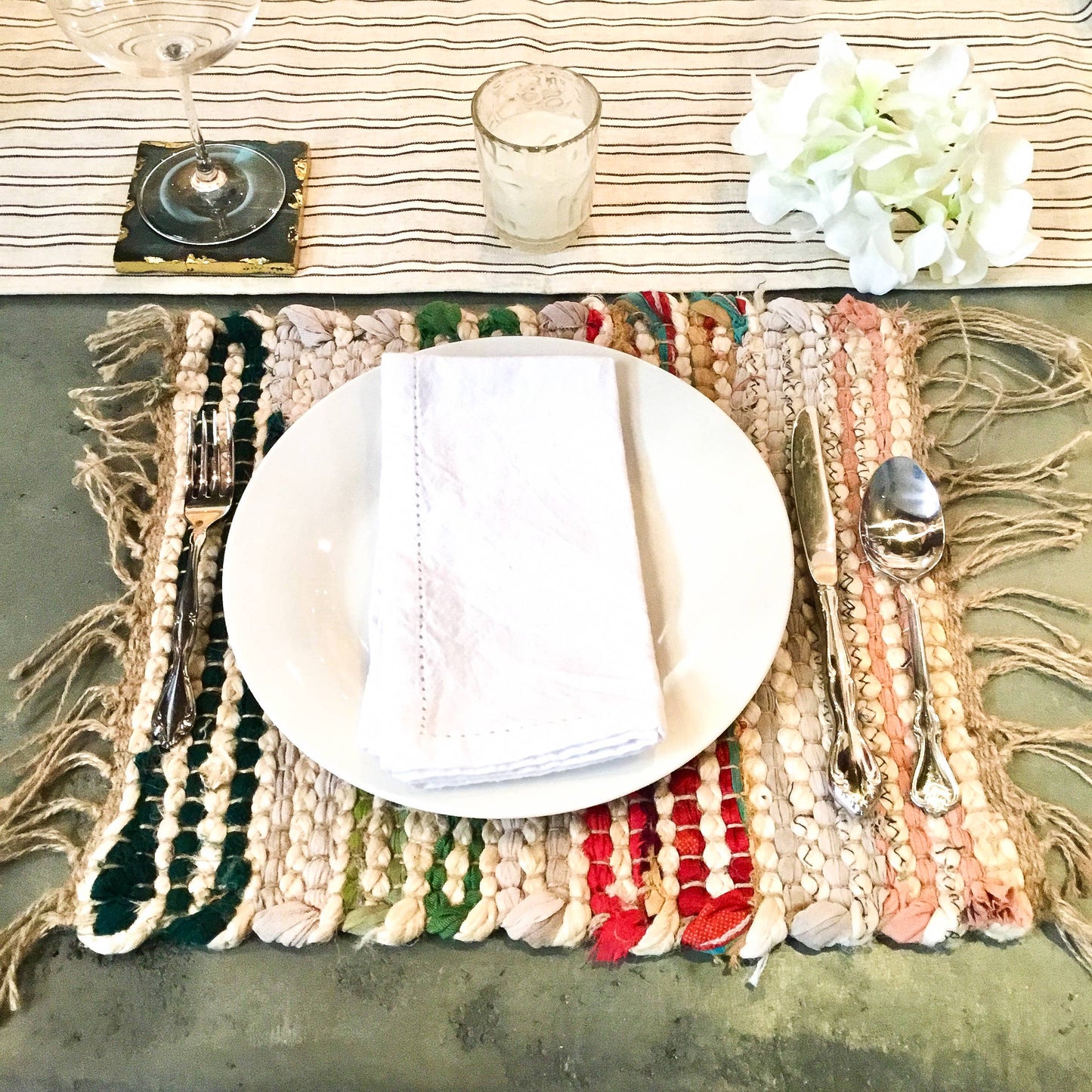 India Handicrafts Inc - Woven Natural & Multi-Colored Jute Square Placemat w/ Fringe
