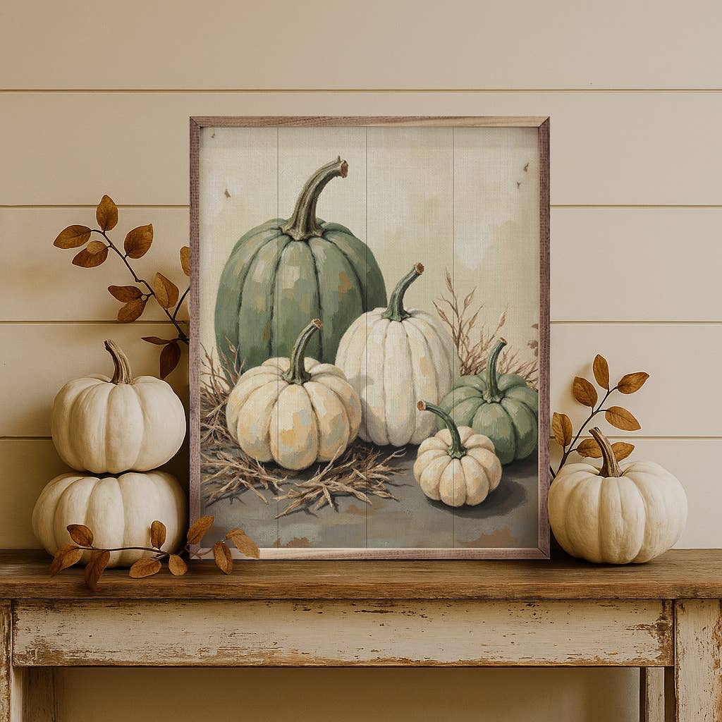 Kendrick Home - Green And White Pumpkins In Straw