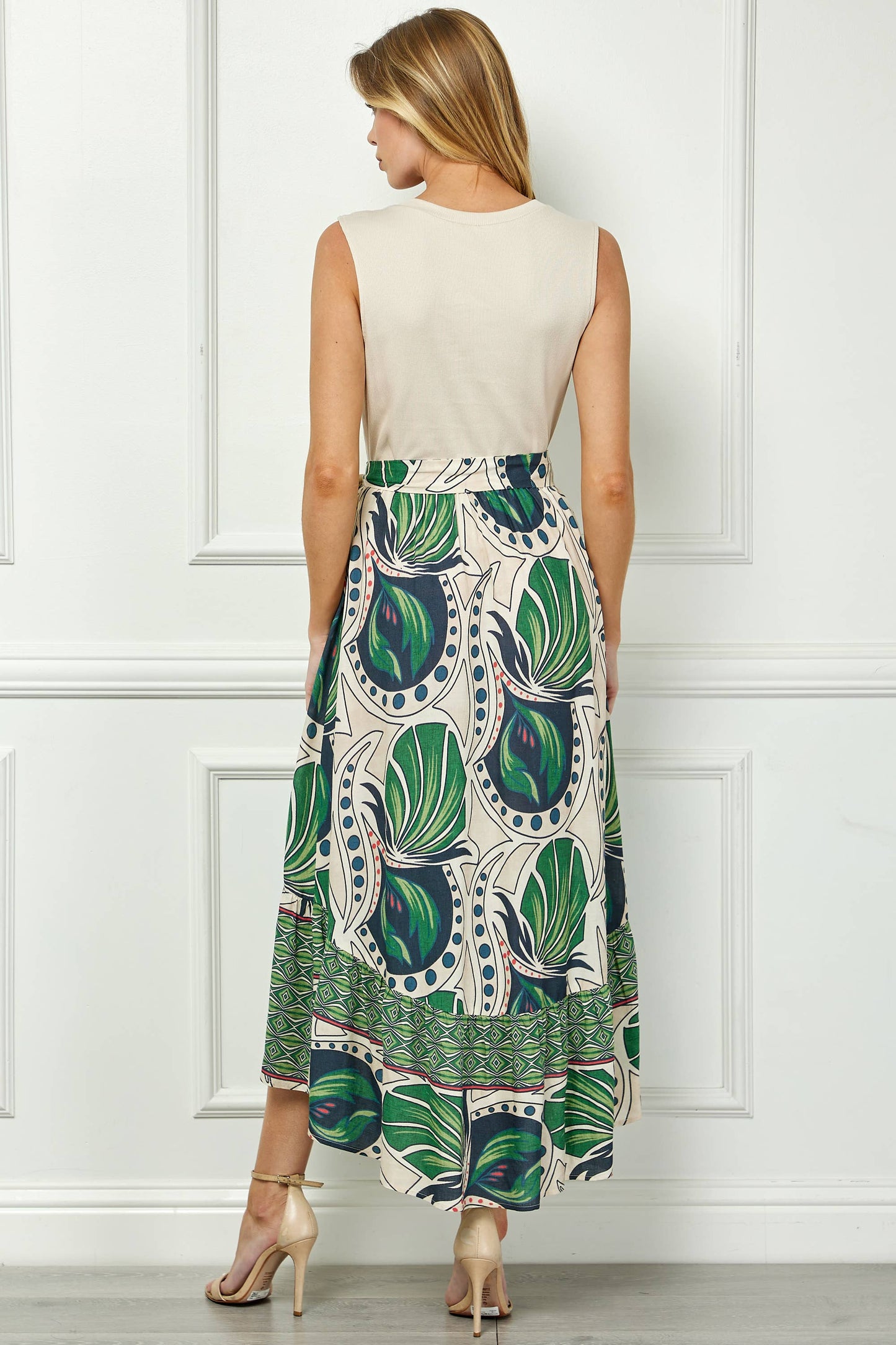 Winslow Collection - TROPIC TALES BELTED FAUX WRAP PRINTED DRESS WITH RUFFLE HEM