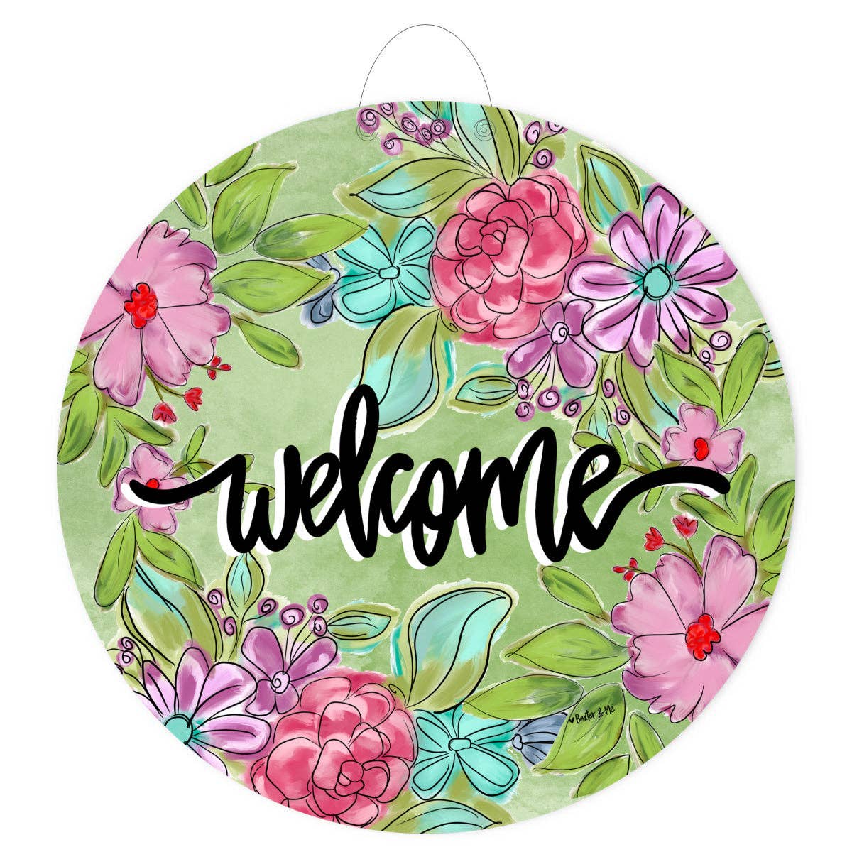 Baxter & Me - Welcome Pretty Pink & Purple Floral Door Hanger