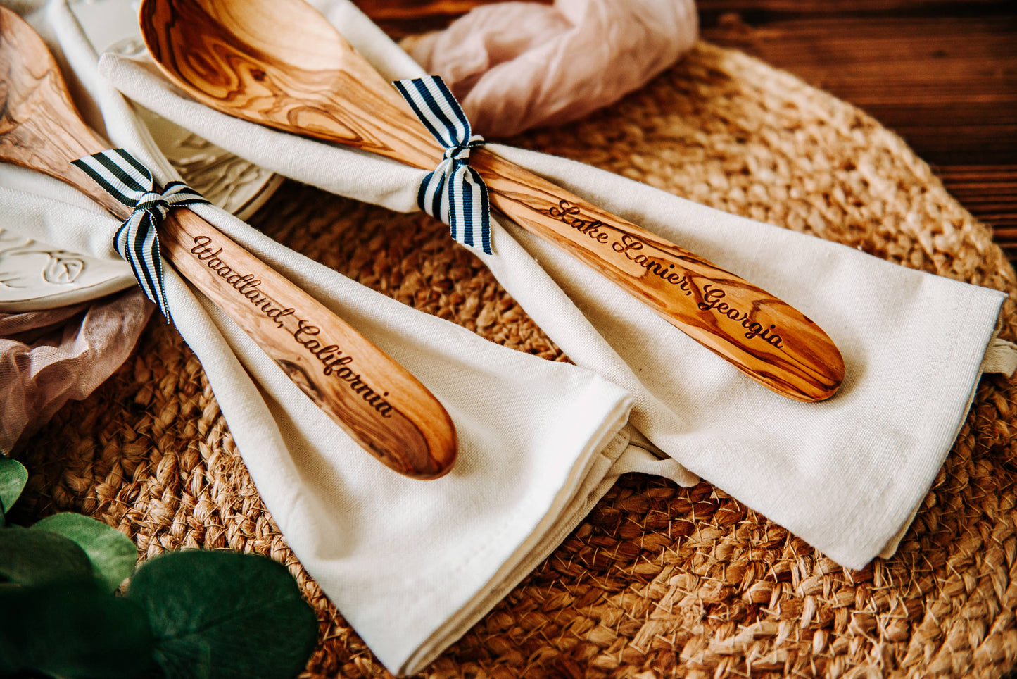 The Lillie Pad - Custom City Name Olive Wood Serving Spoon & Towel Gift Set